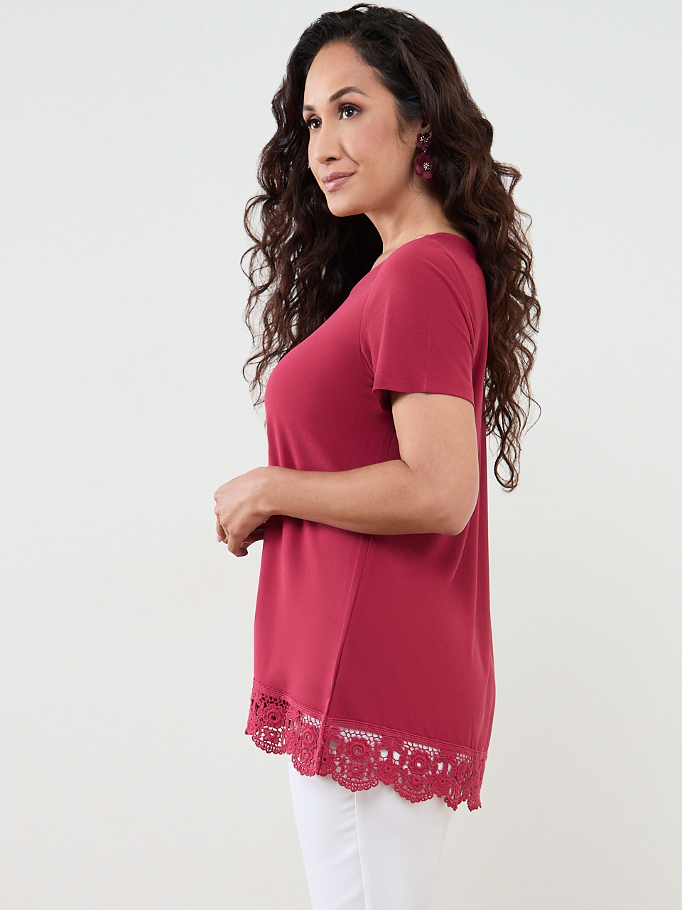 Petite Short Sleeve Crochet Trim Top