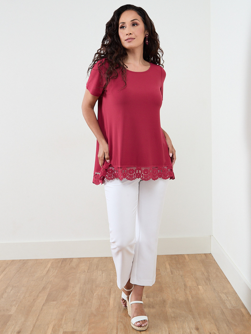 Petite Short Sleeve Crochet Trim Top