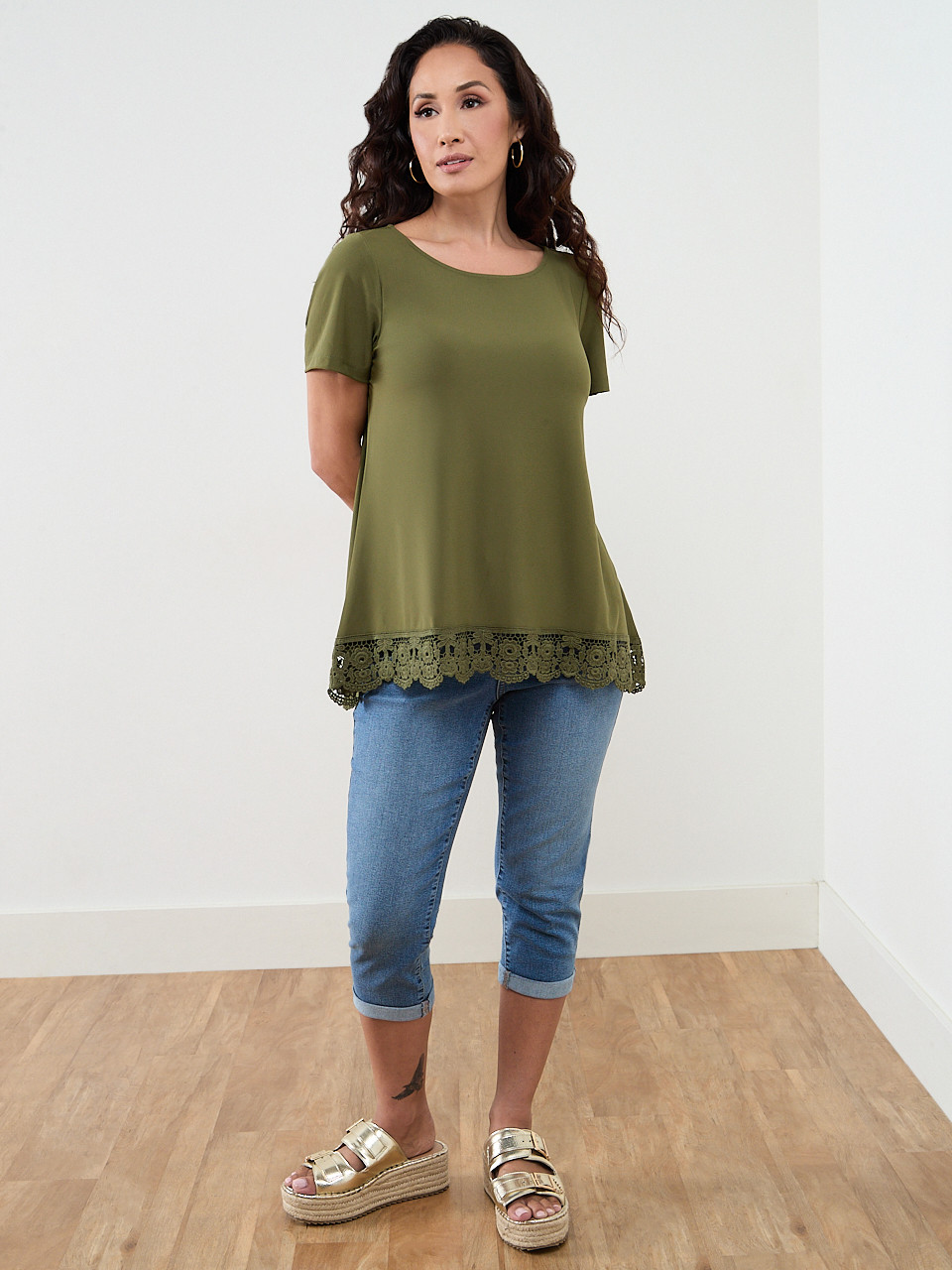 Petite Short Sleeve Crochet Trim Top in Moss