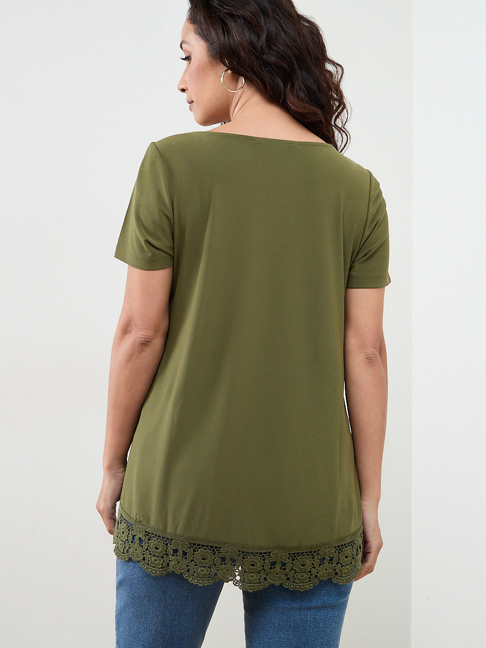 Petite Short Sleeve Crochet Trim Top in Moss