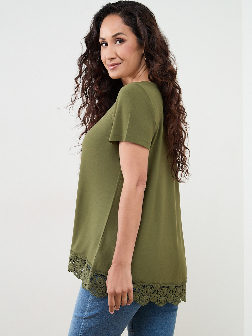Petite Short Sleeve Crochet Trim Top in Moss