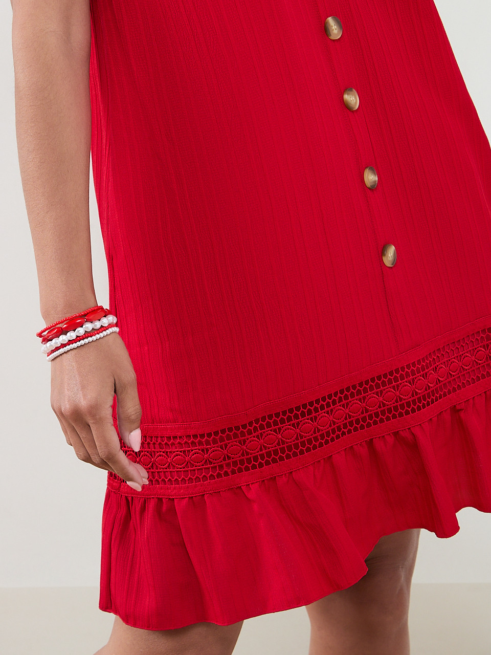 Red Textured Thin Strap Dress