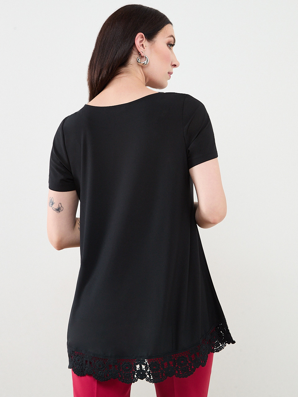 Short Sleeve Black Crochet Trim Top