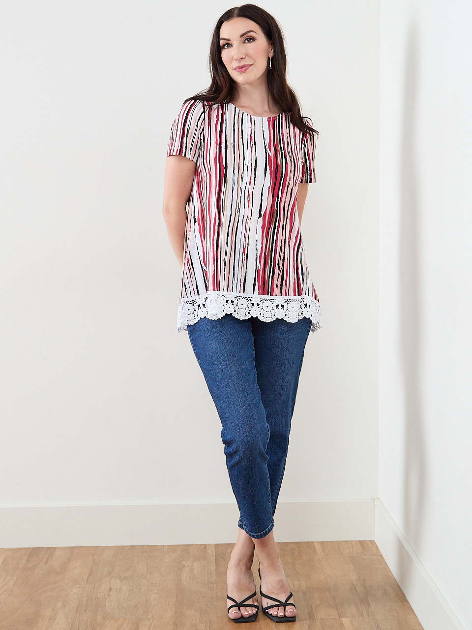 Short Sleeve Multi Stripe Crochet Trim Top | Cleo