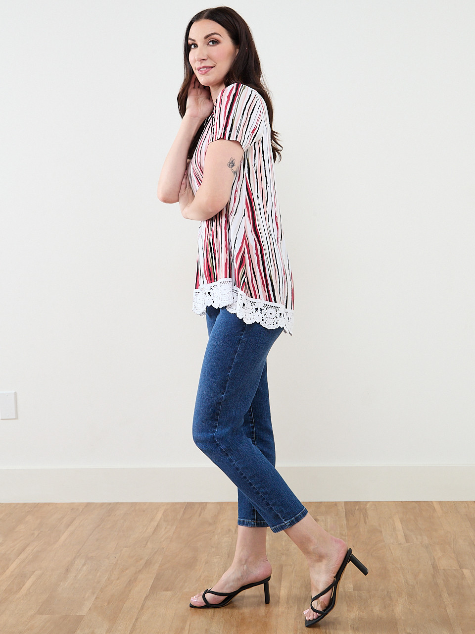 Short Sleeve Multi Stripe Crochet Trim Top