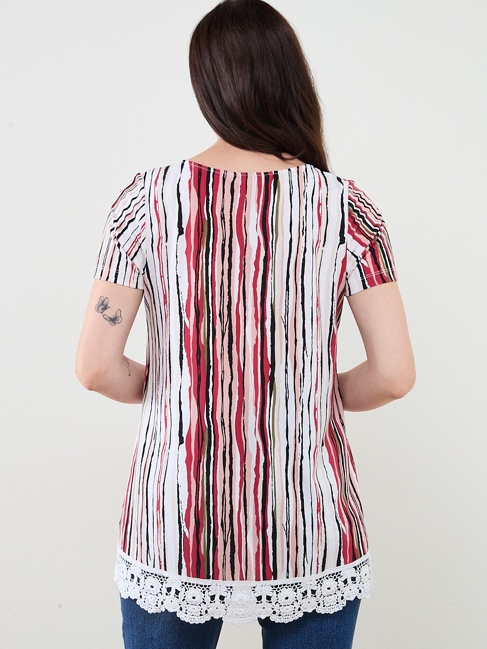 Short Sleeve Multi Stripe Crochet Trim Top | Cleo