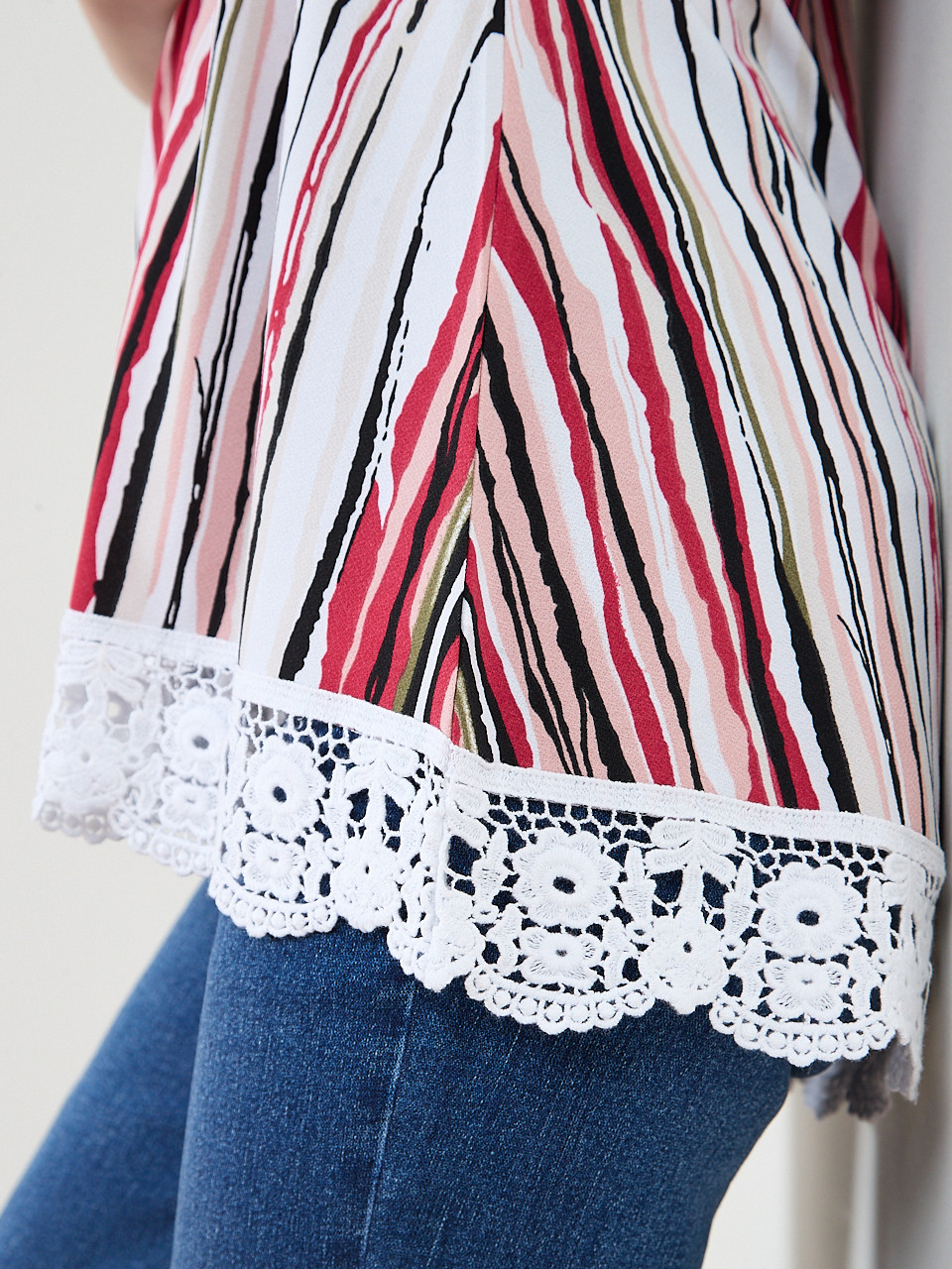 Short Sleeve Multi Stripe Crochet Trim Top | Cleo