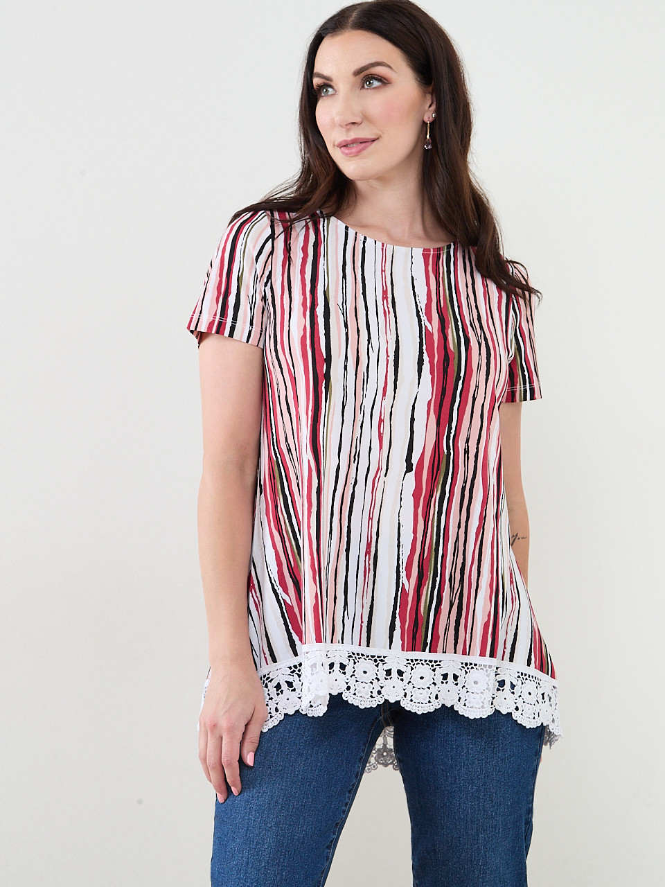 Short Sleeve Multi Stripe Crochet Trim Top | Cleo
