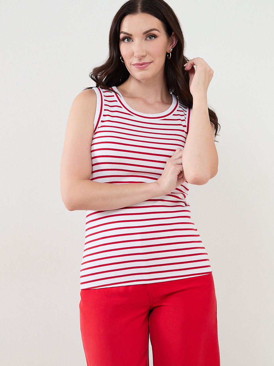 Stretch Cotton Hi-Neck Tank in Crimson Stripe