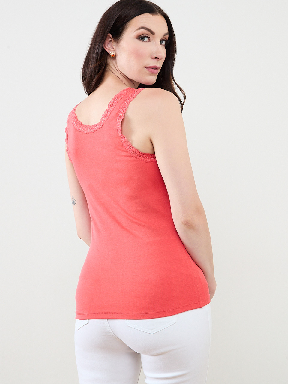 Stretch-Cotton Tank with Lace in Papaya