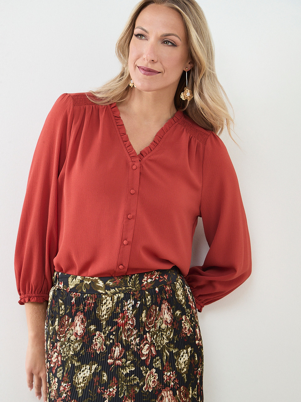 3/4 Sleeve Ruffle Trim Blouse