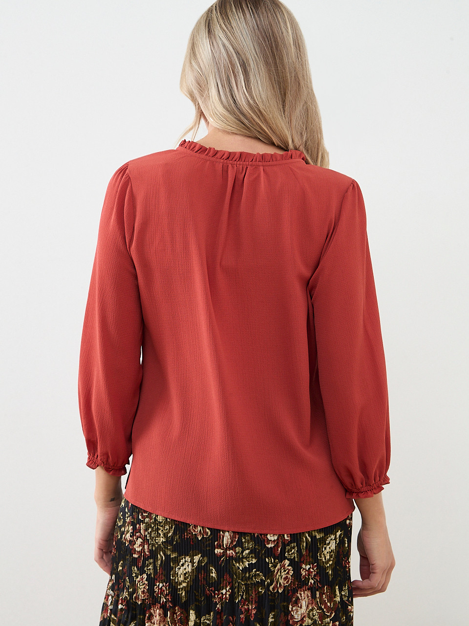3/4 Sleeve Ruffle Trim Blouse