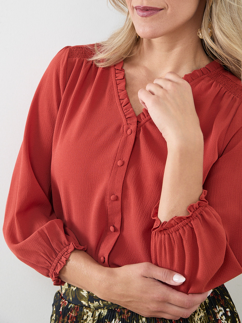 3/4 Sleeve Ruffle Trim Blouse