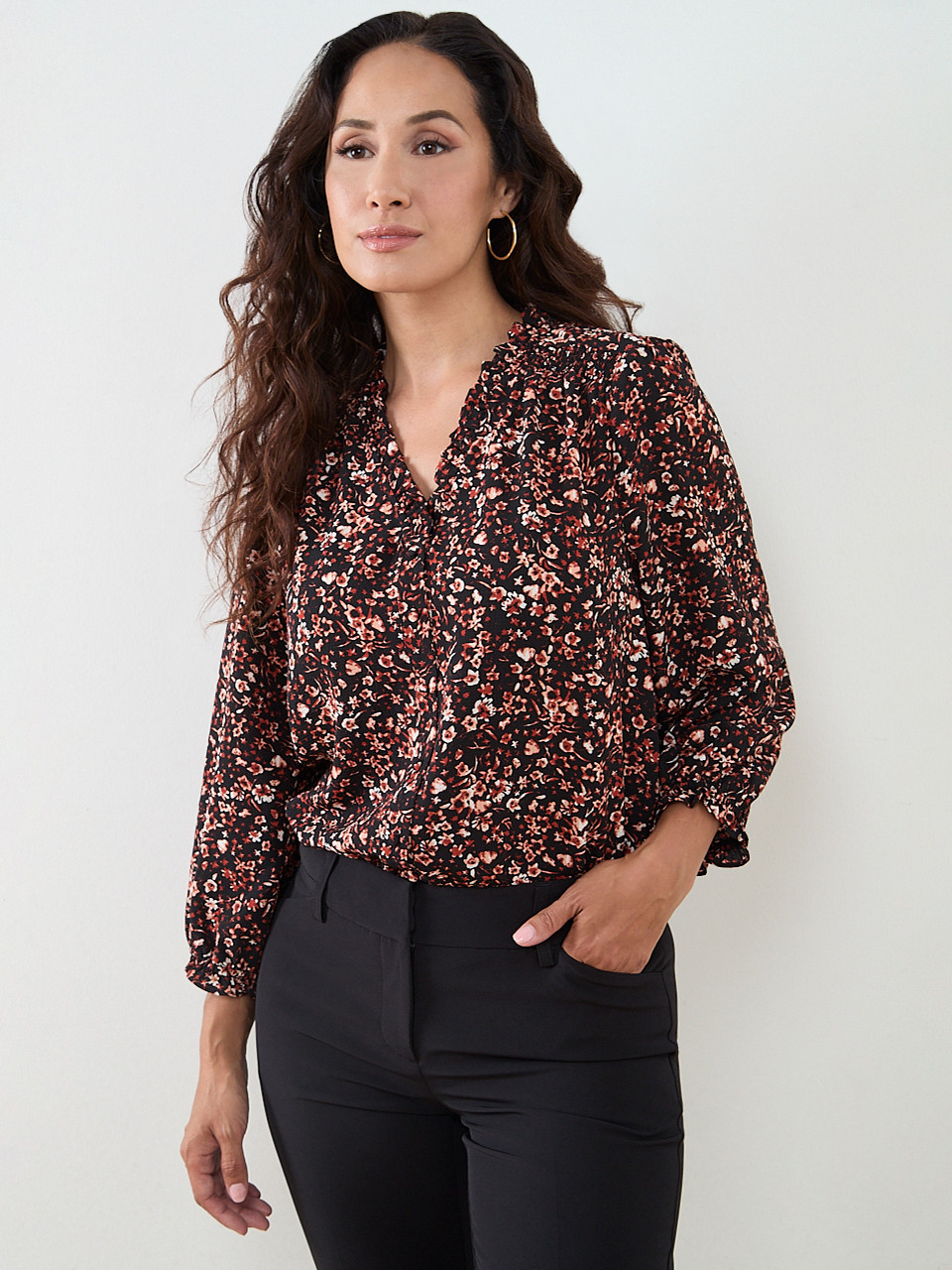 Petite 3/4 Sleeve Ruffle-Trim Blouse in Black Ditzy Floral