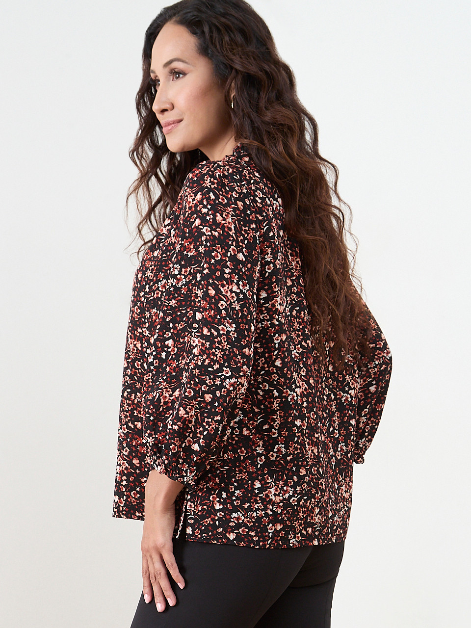 Petite 3/4 Sleeve Ruffle-Trim Blouse in Black Ditzy Floral