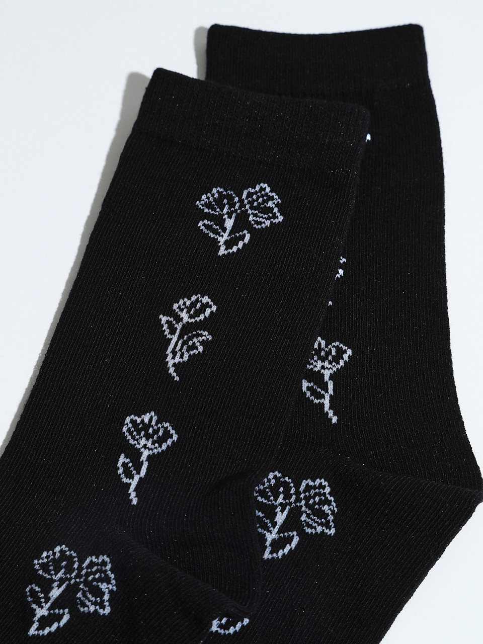 Black Crew Socks with White Flowers