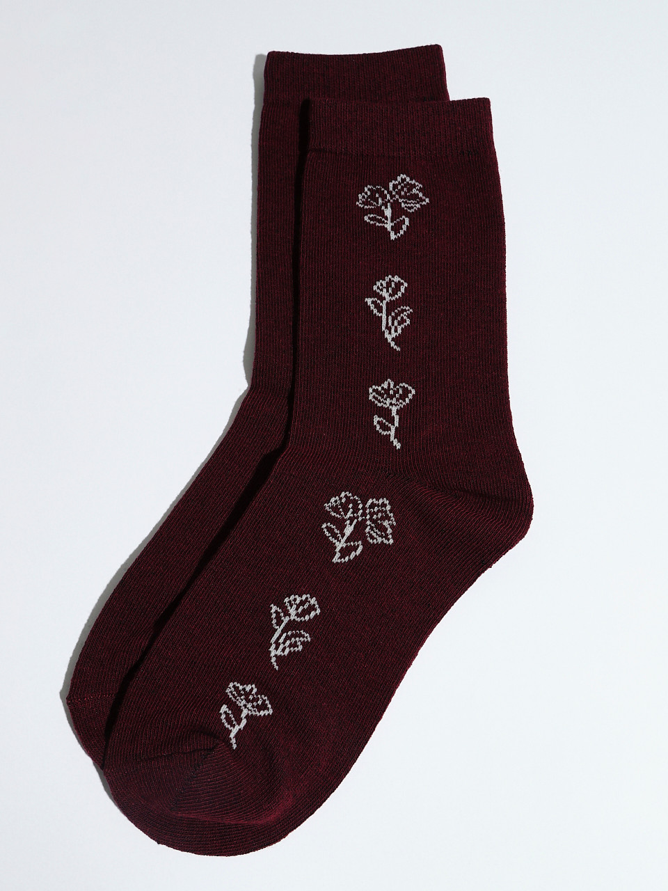 Dark Cherry Crew Socks with White Flowers