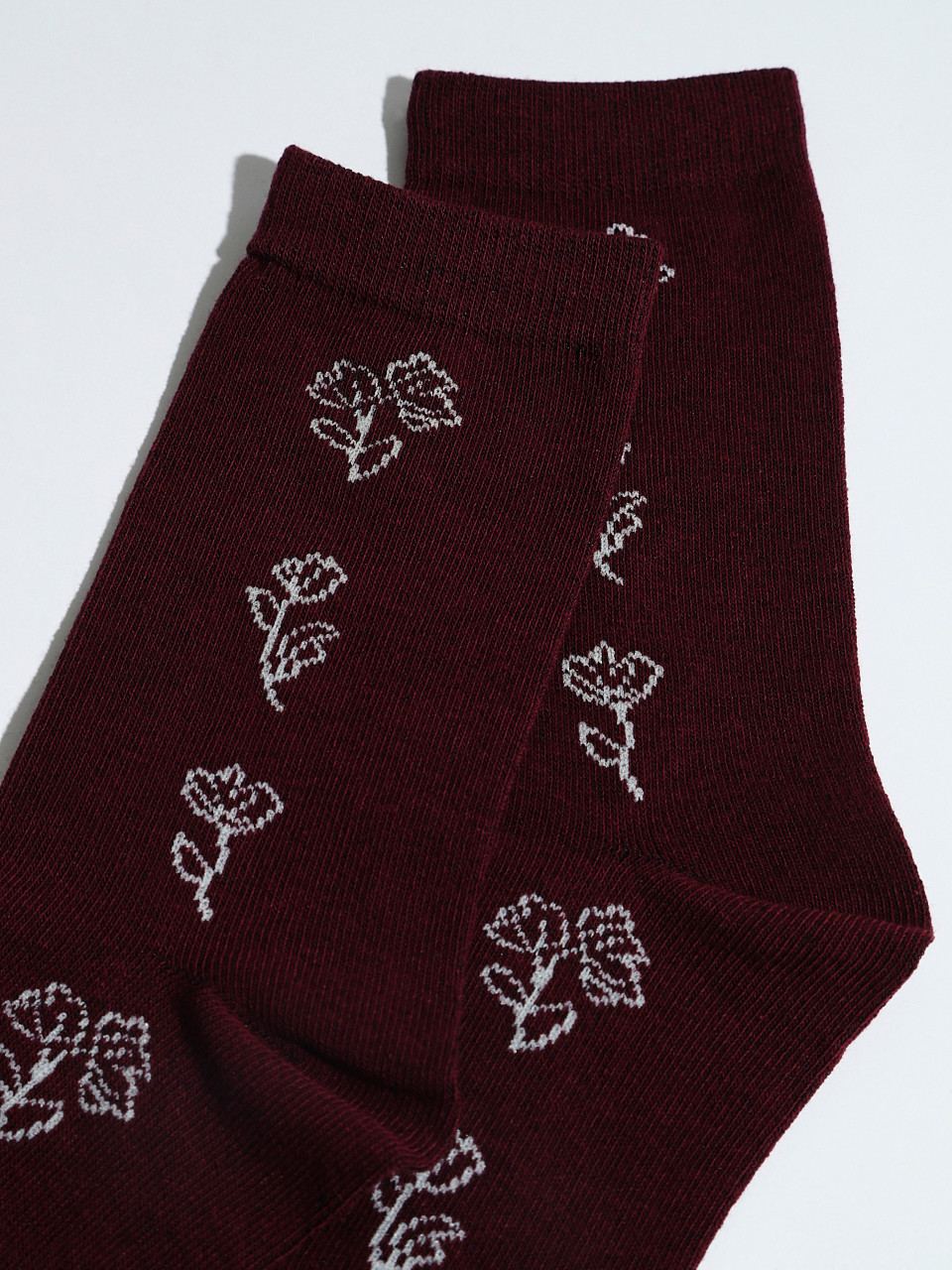 Dark Cherry Crew Socks with White Flowers