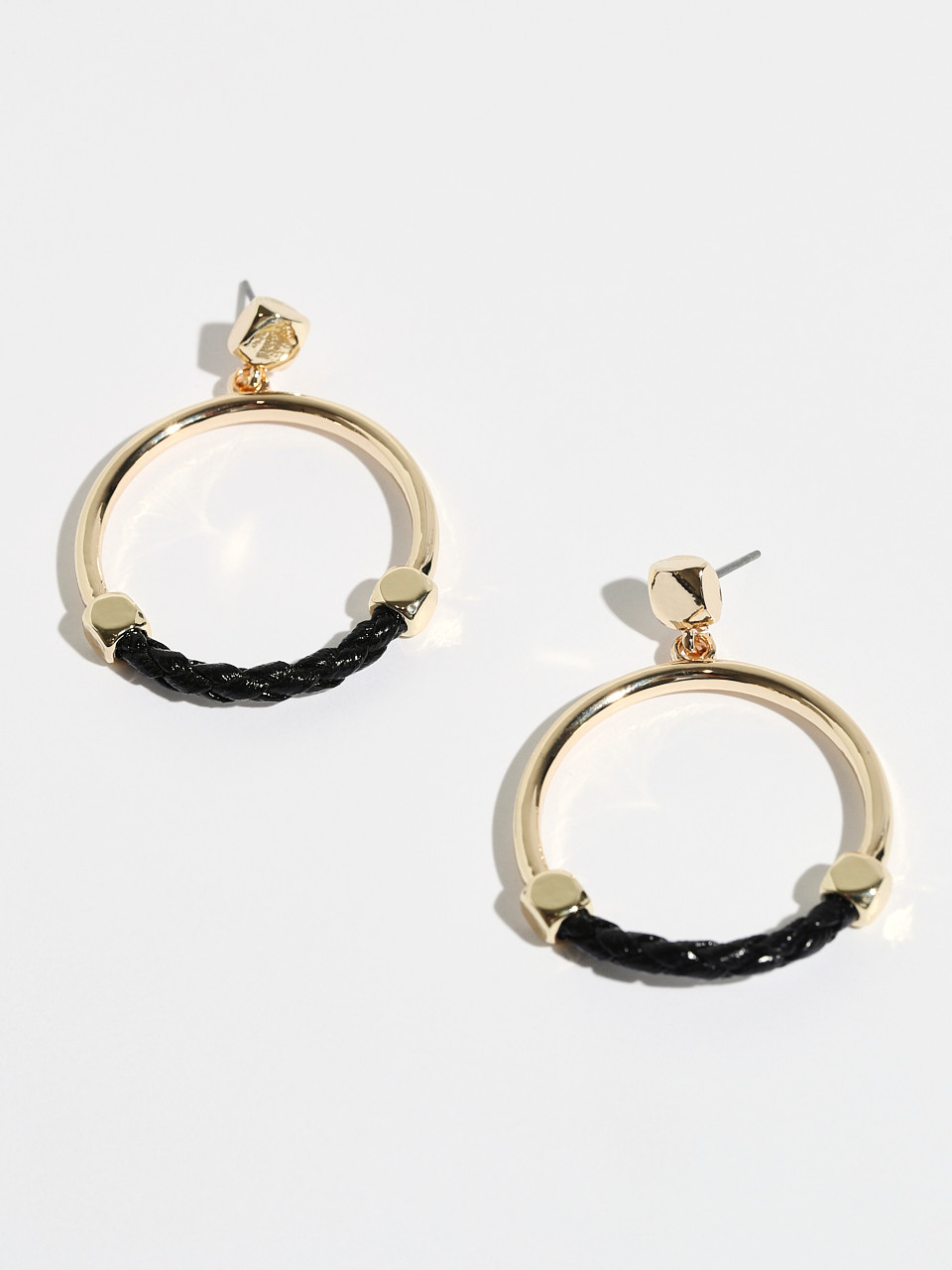 Gold & Black Leather Hoop Earrings