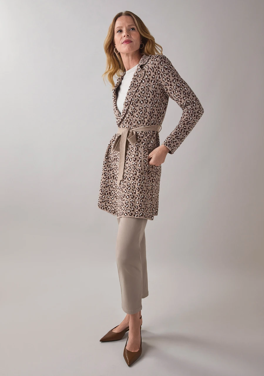 Long Sleeve Animal Print Tie Front Coatigan