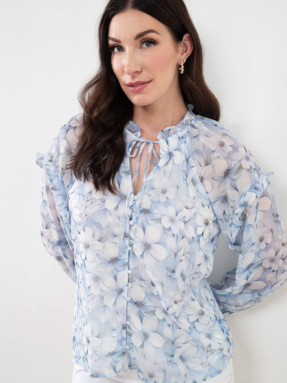 Long Sleeve Chiffon Ruffle Blouse in Blue Floral
