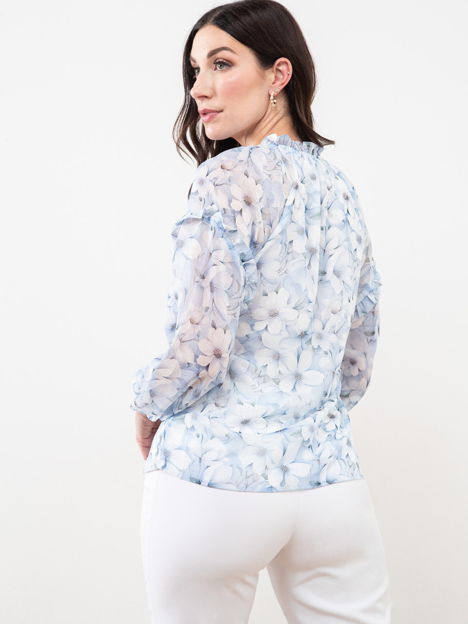 Long Sleeve Chiffon Ruffle Blouse in Blue Floral