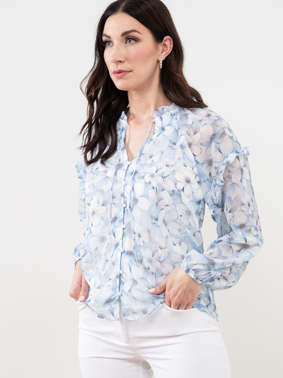 Long Sleeve Chiffon Ruffle Blouse in Blue Floral