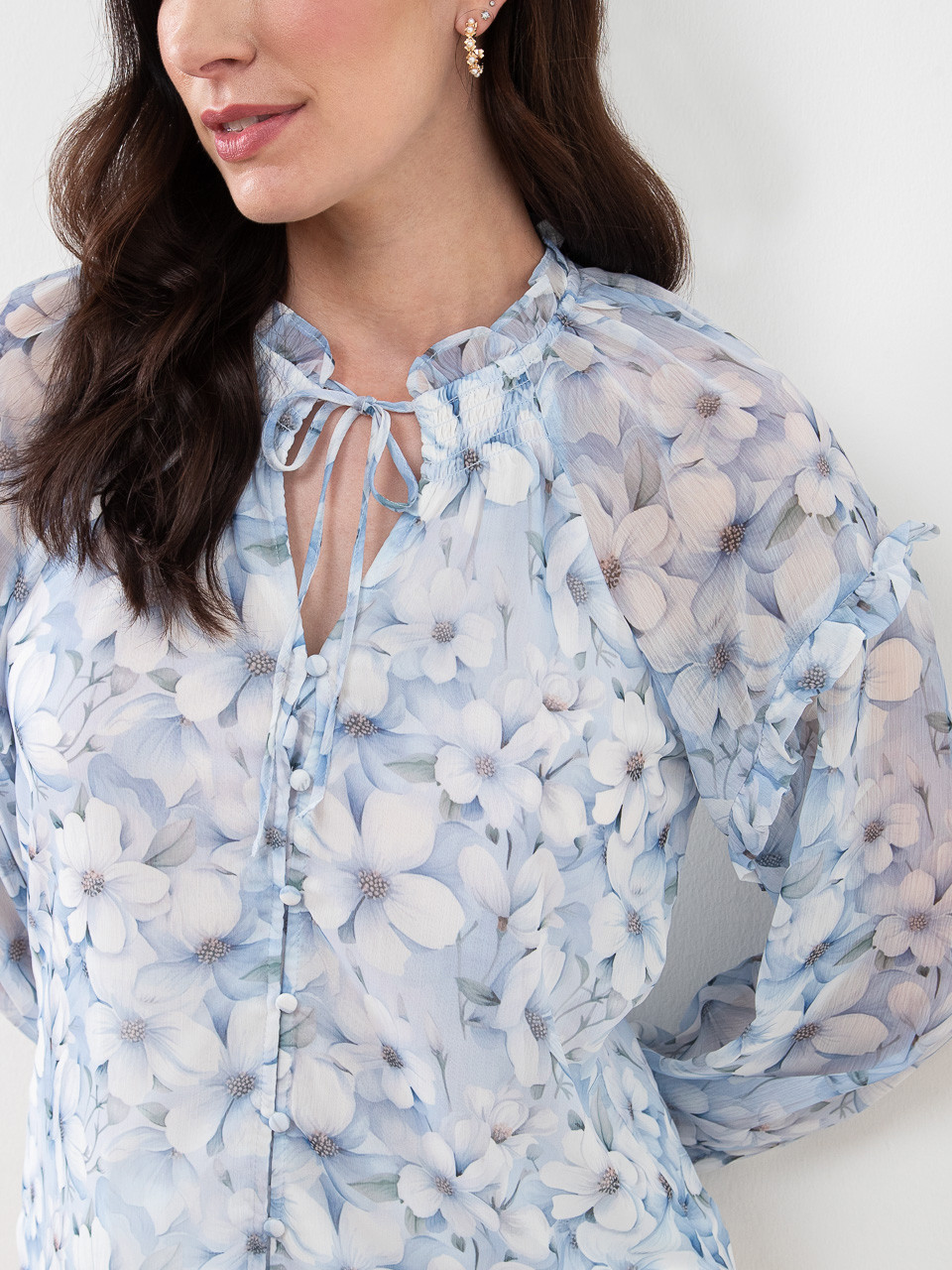 Long Sleeve Chiffon Ruffle Blouse in Blue Floral