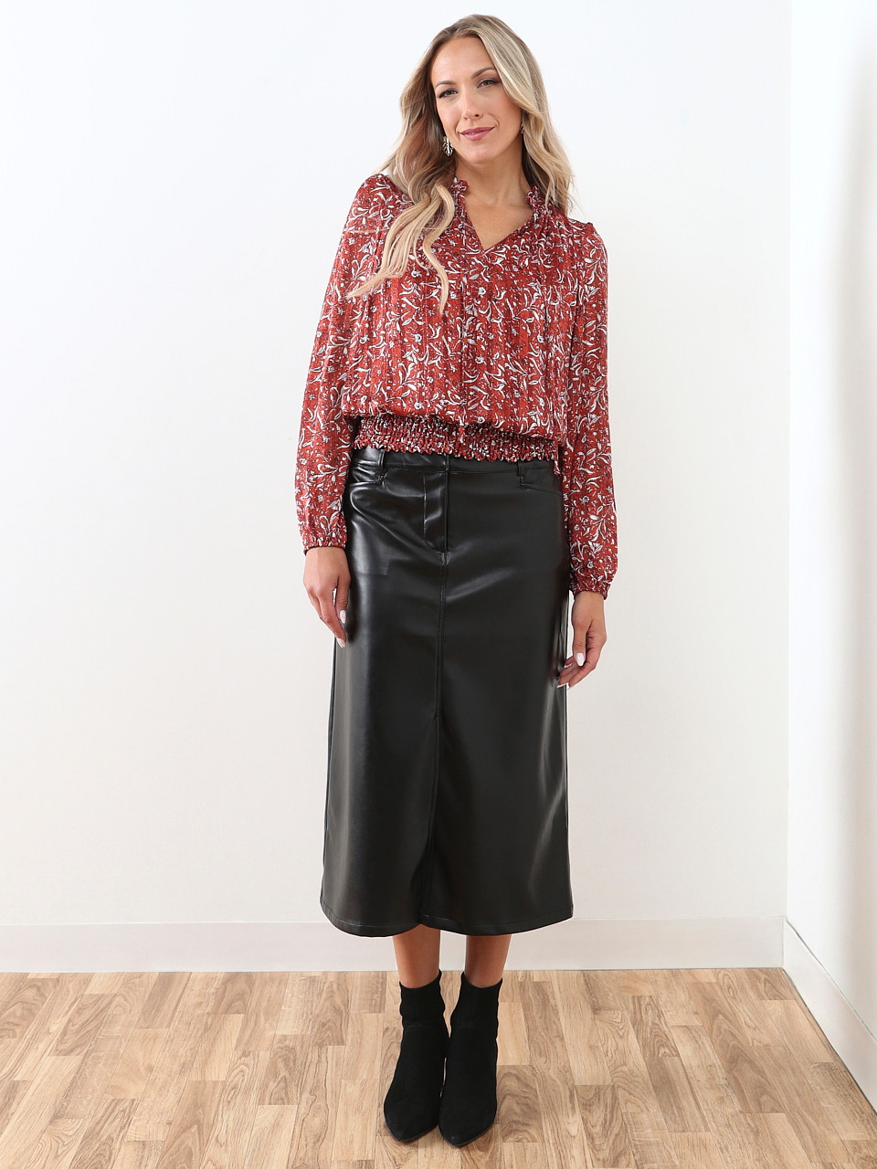 Long Sleeve Chiffon Smocked Hem Blouse