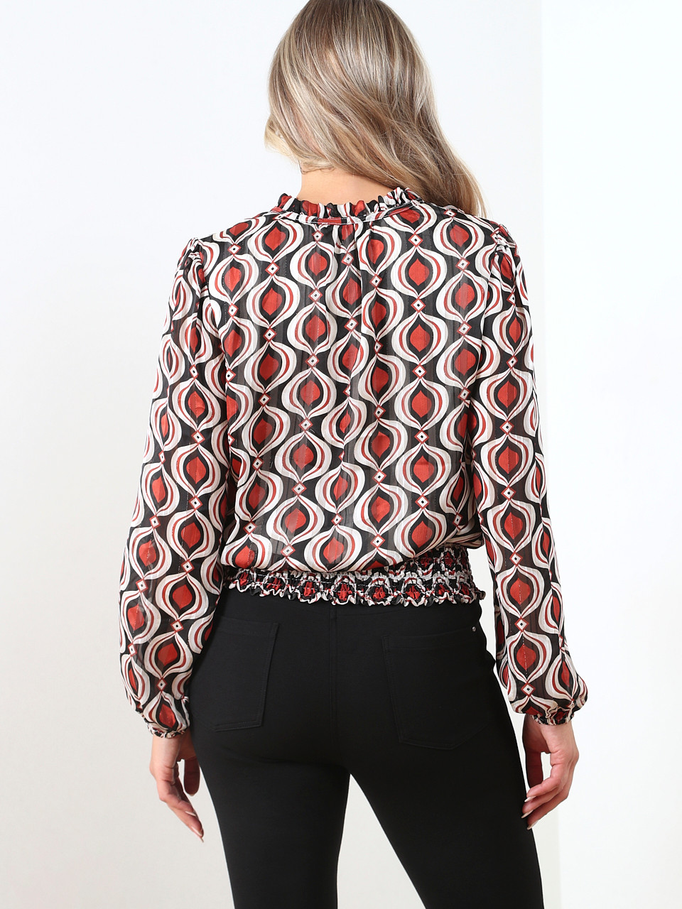 Long Sleeve Chiffon Smocked-Hem Blouse