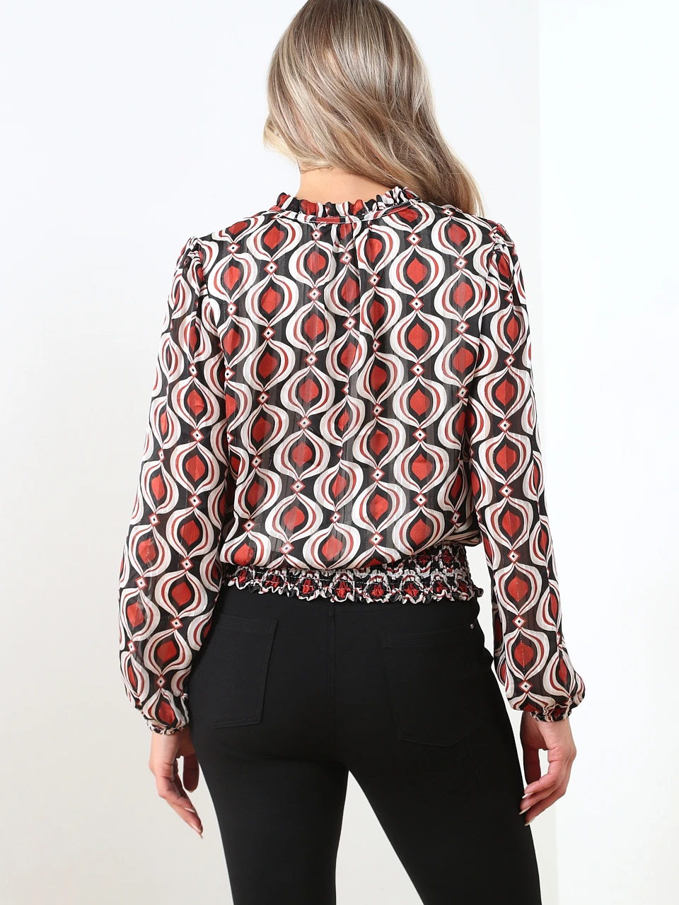 Long Sleeve Chiffon Smocked-Hem Blouse