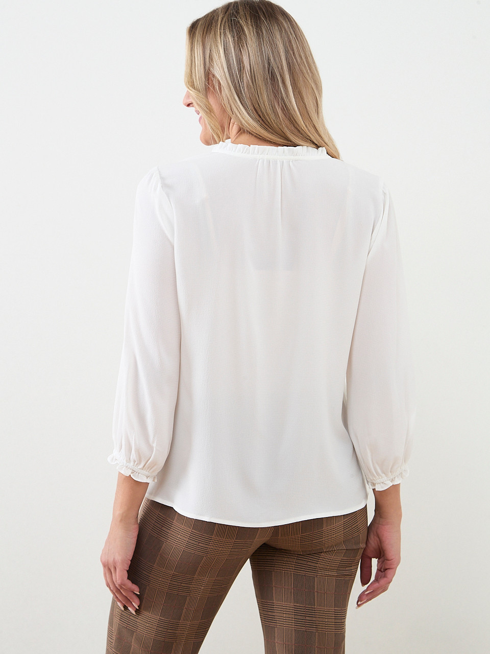 Long Sleeve Ruffle-Trim Blouse in Ivory