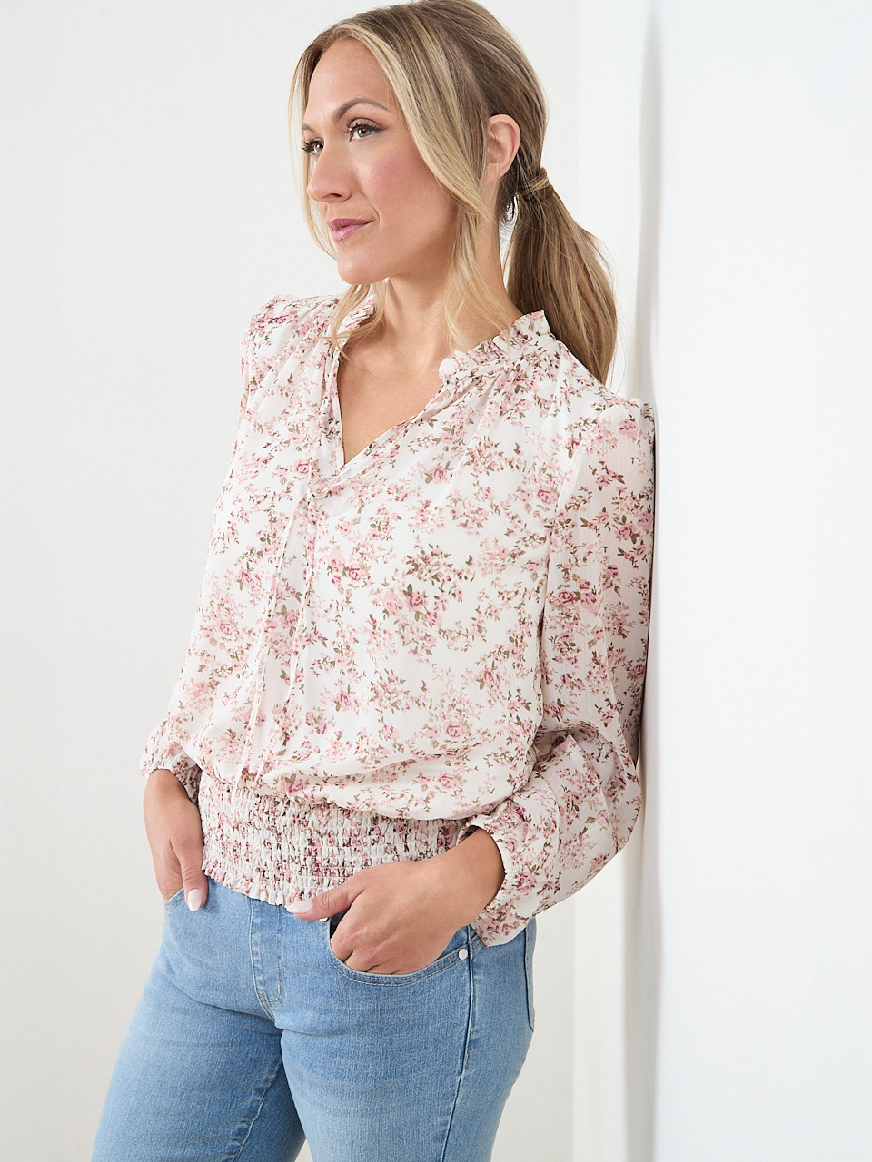 Long Sleeve Split Neck Chiffon Blouse