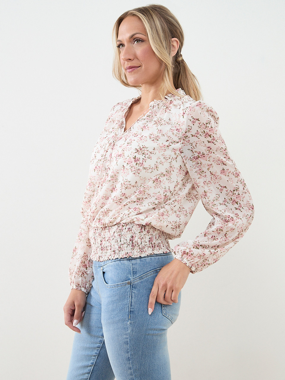Long Sleeve Split Neck Chiffon Blouse