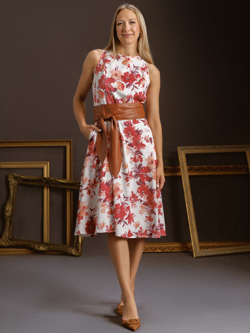 Midi-Length Belted Fit & Flare Dress