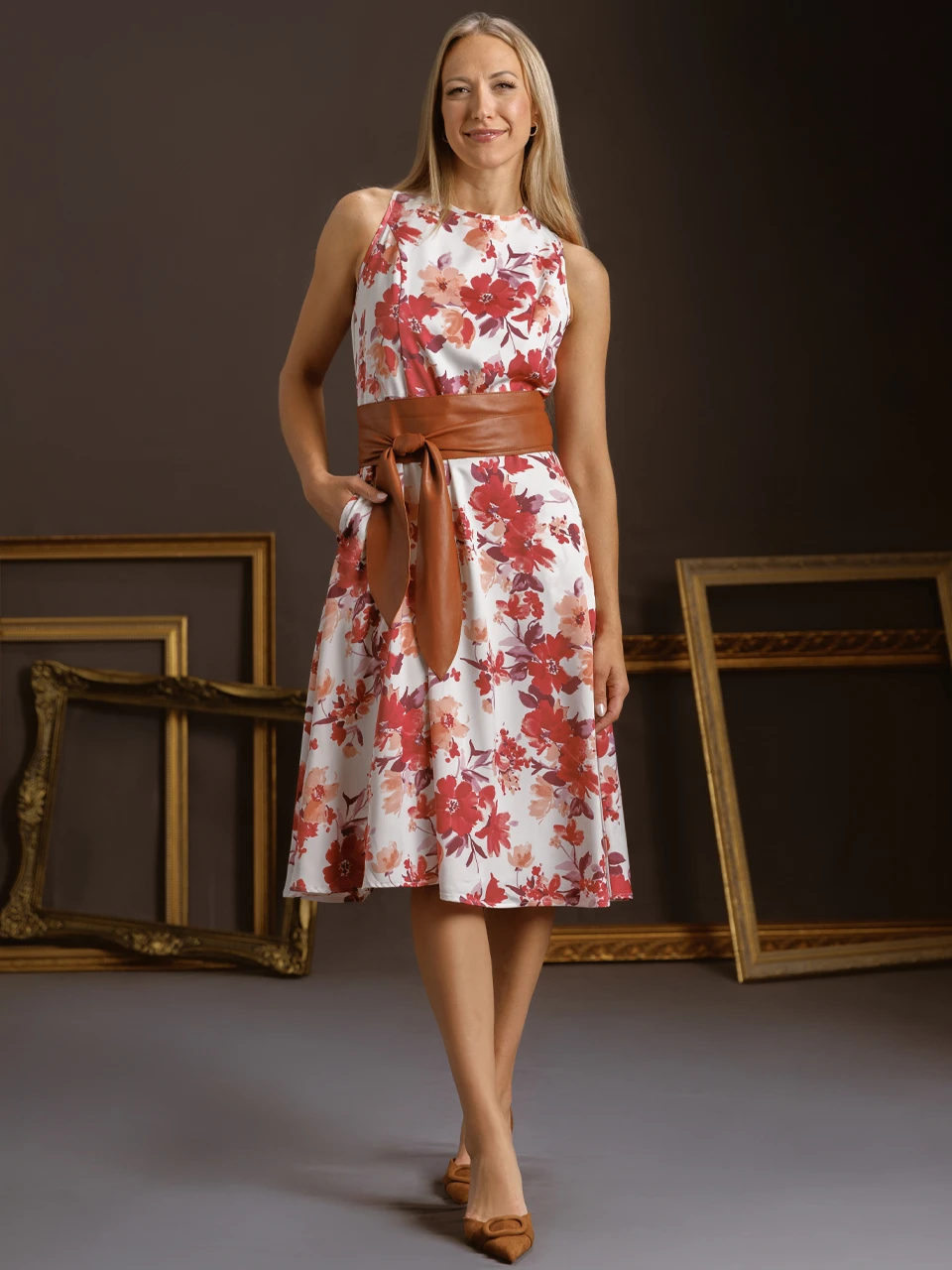 Midi-Length Belted Fit & Flare Dress