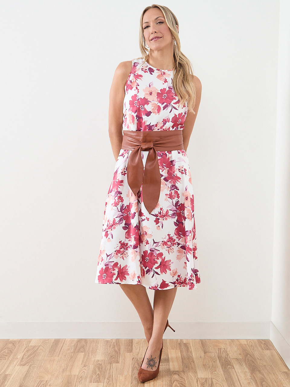 Midi-Length Belted Fit & Flare Dress