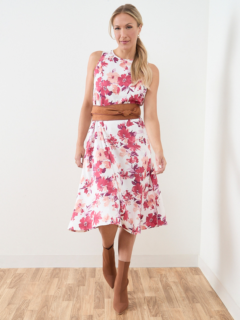 Midi-Length Belted Fit & Flare Dress