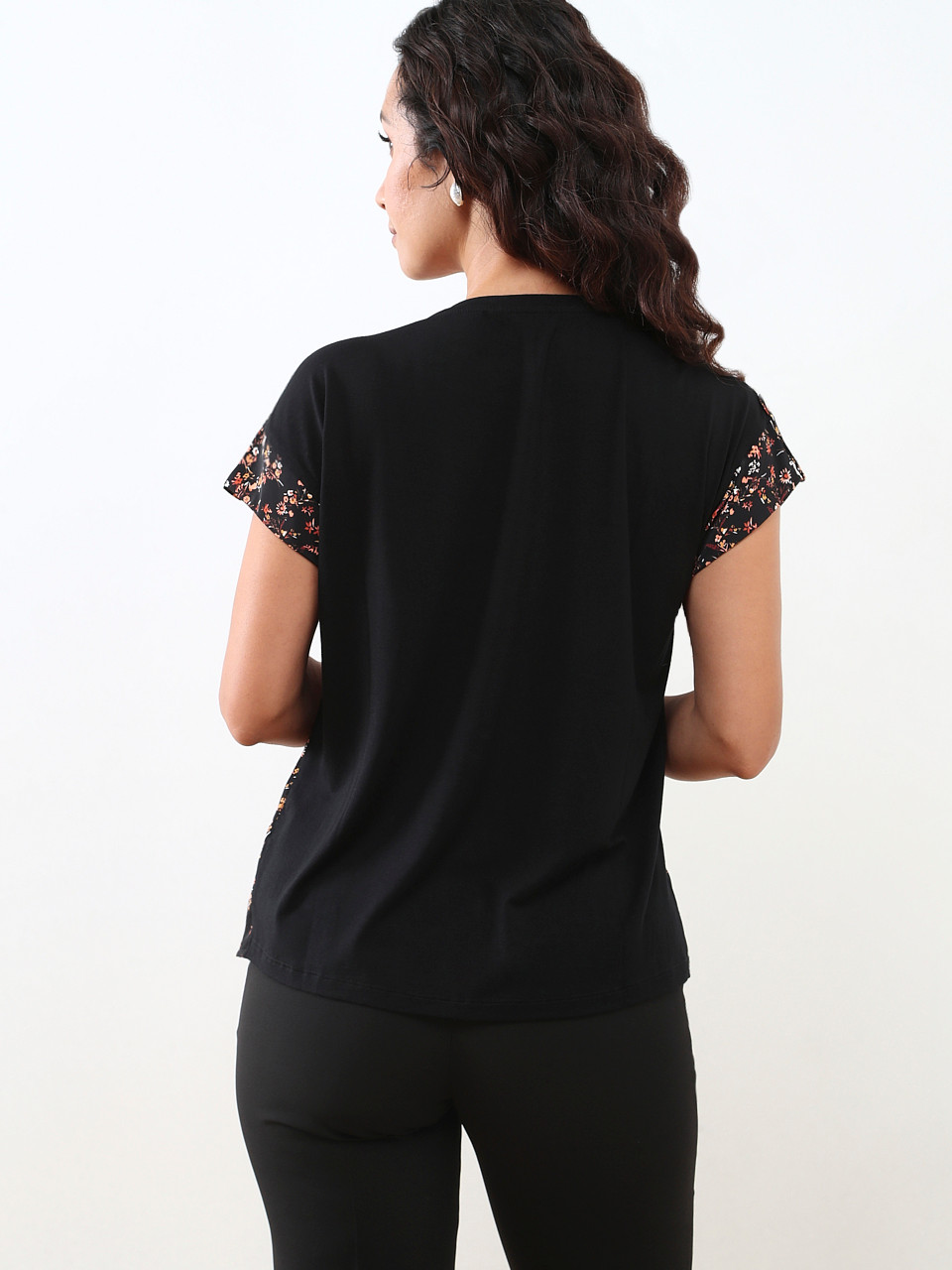 Petite Cap Sleeve Round Neck Mixed Media Top