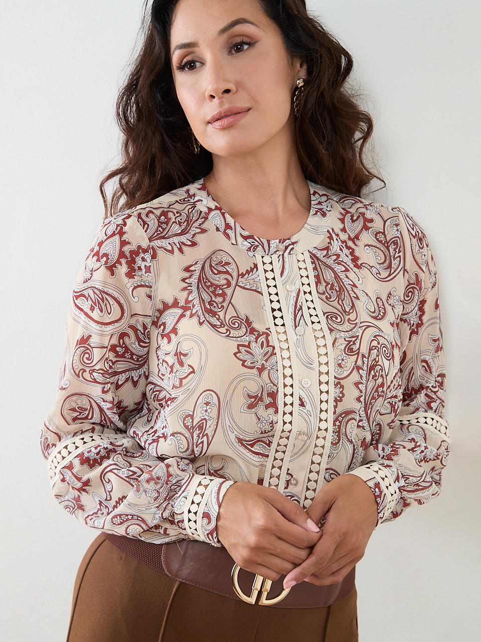 Petite Crochet Detail Long Sleeve Blouse