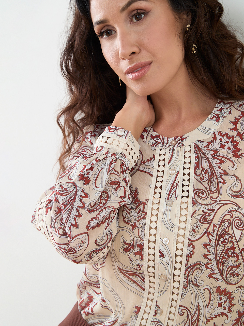Petite Crochet Detail Long Sleeve Blouse