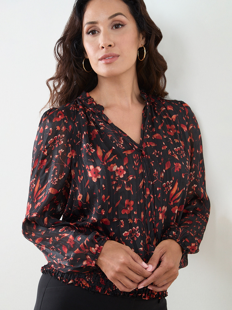 Petite Long Sleeve Chiffon Smocked Blouse