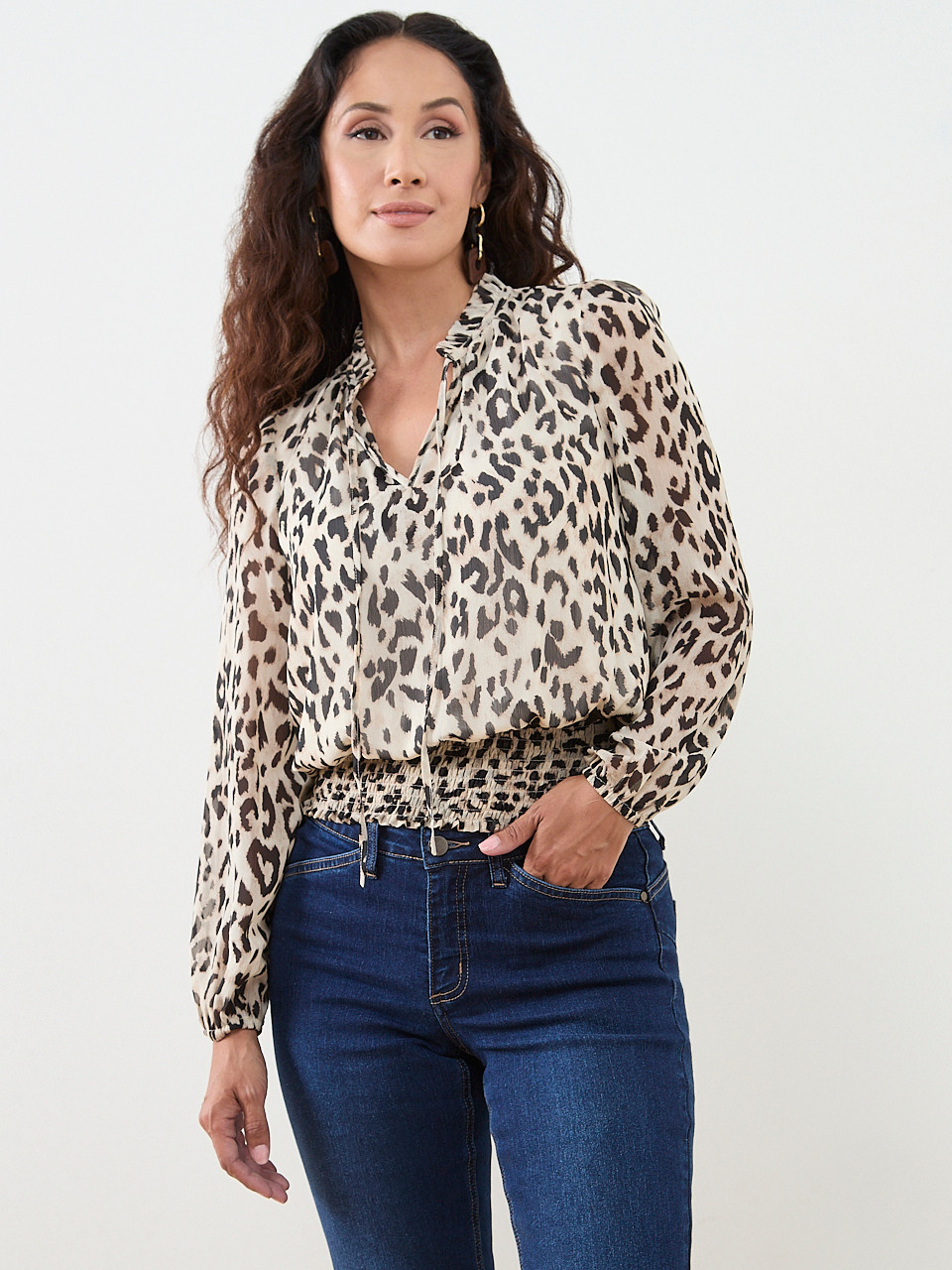 Petite Long Sleeve Split Neck Chiffon Blouse