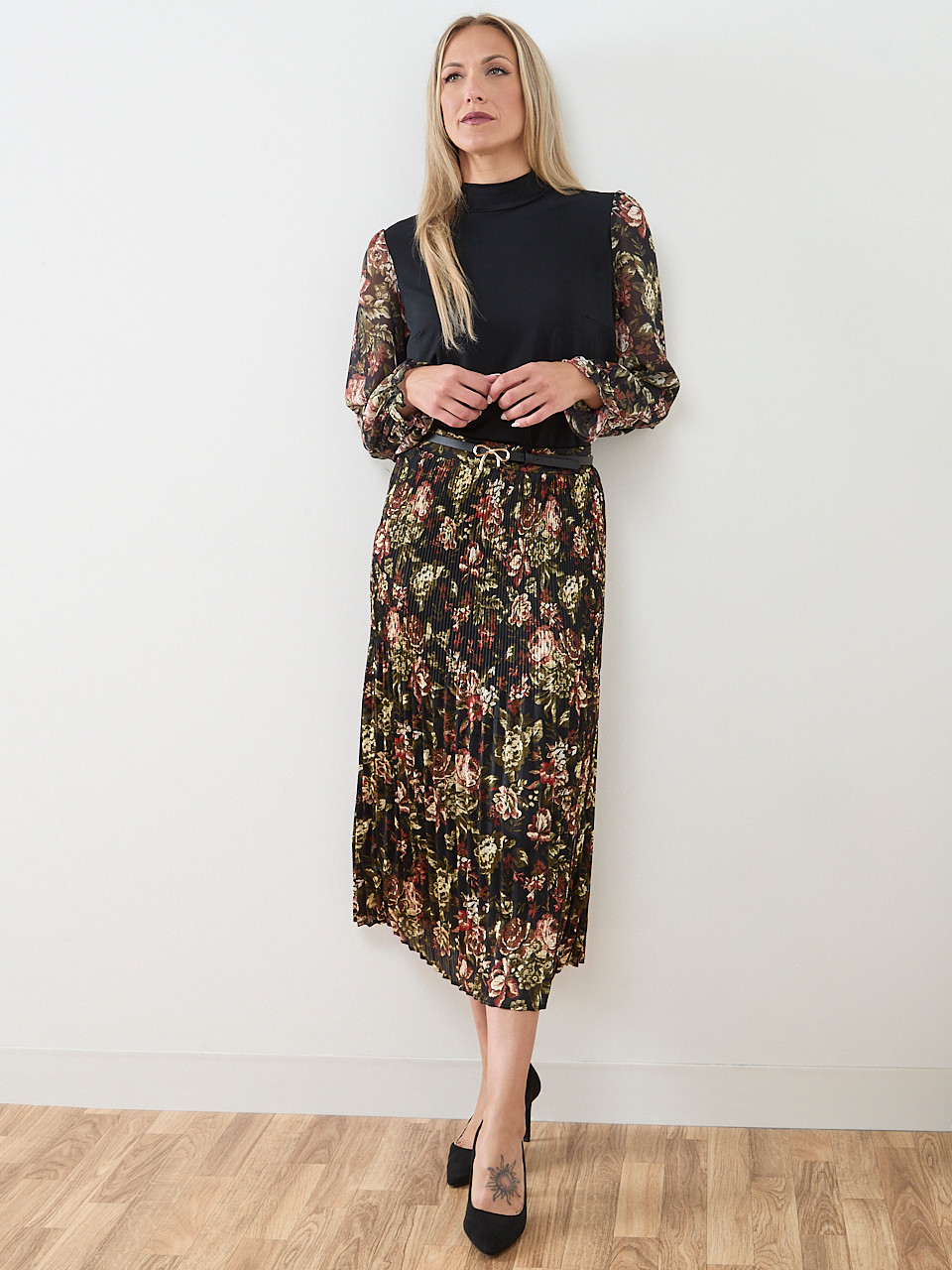 Satin Double Pleated Midi Skirt | Cleo