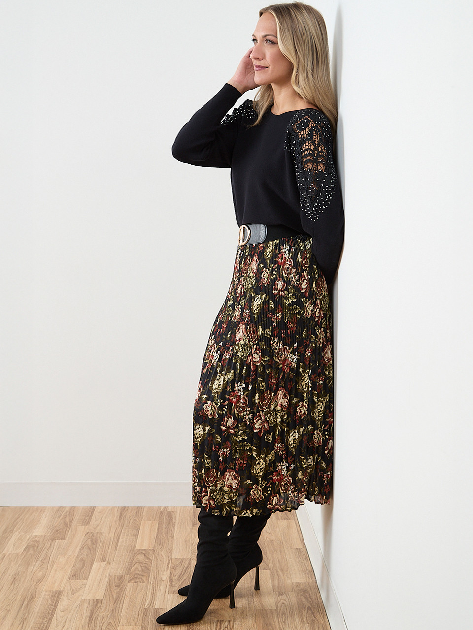 Satin Double Pleated Midi Skirt