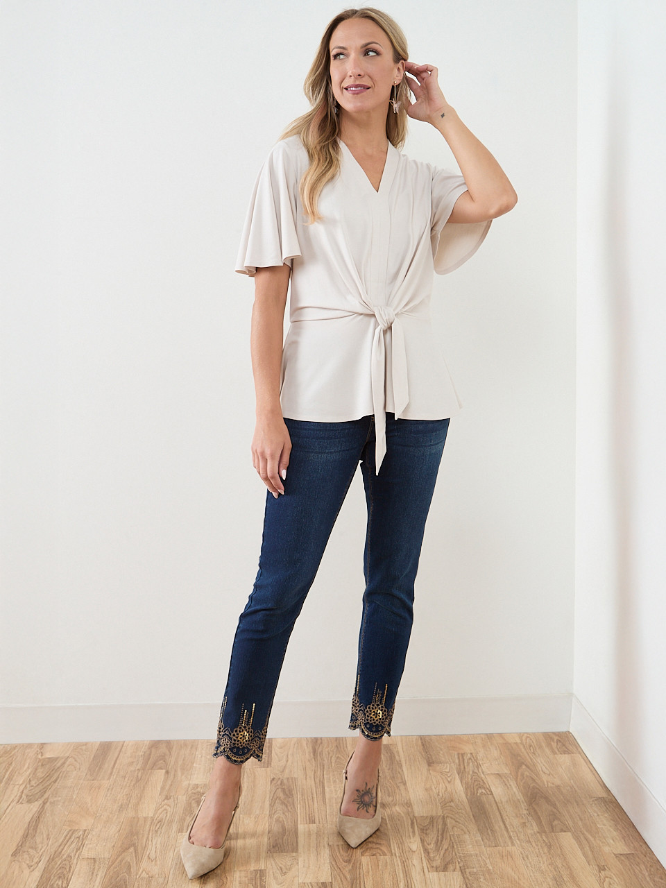 Short Sleeve Tie Front Peplum Top