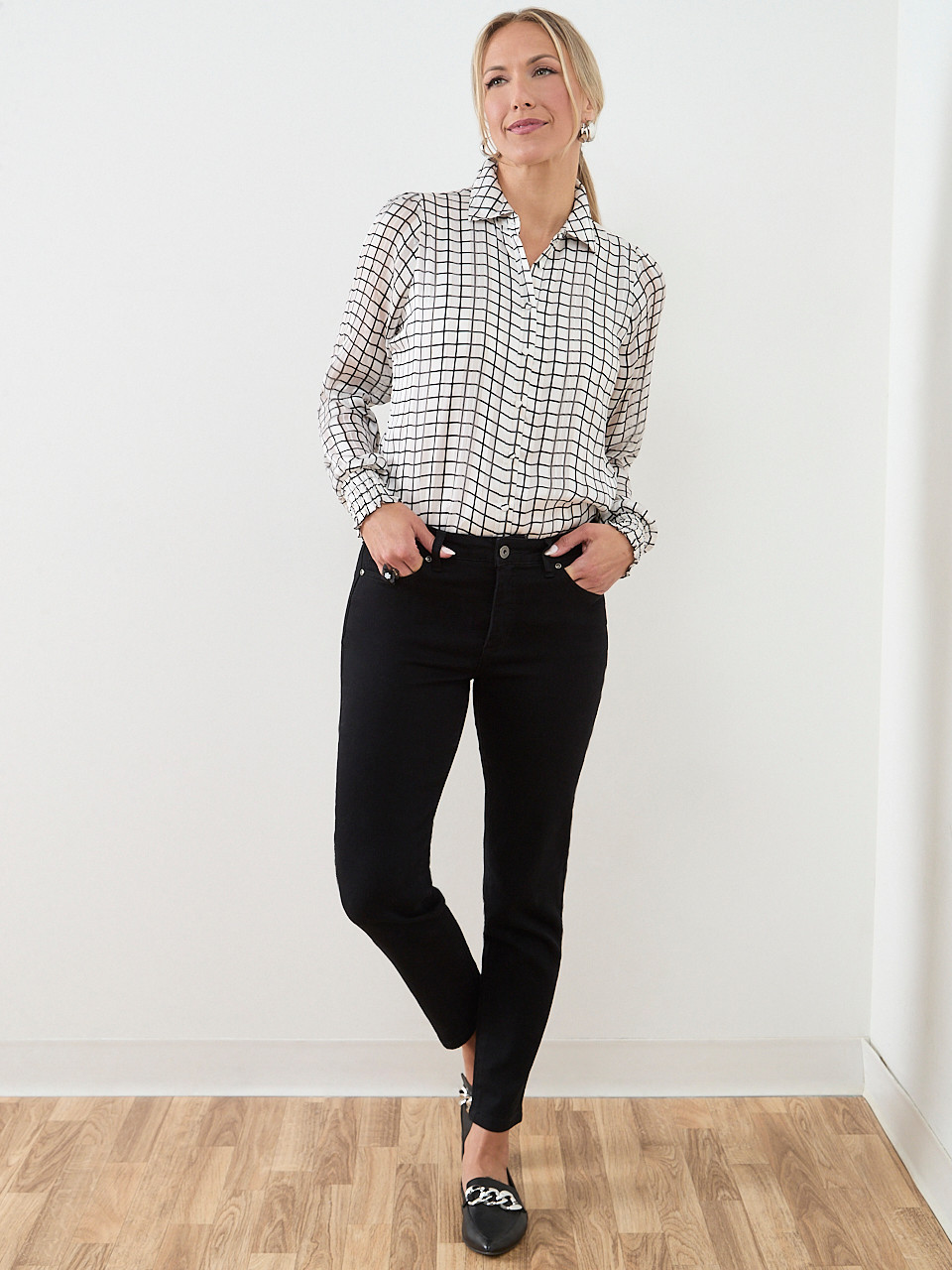 Long Sleeve Button-Front Smocked Cuff Blouse