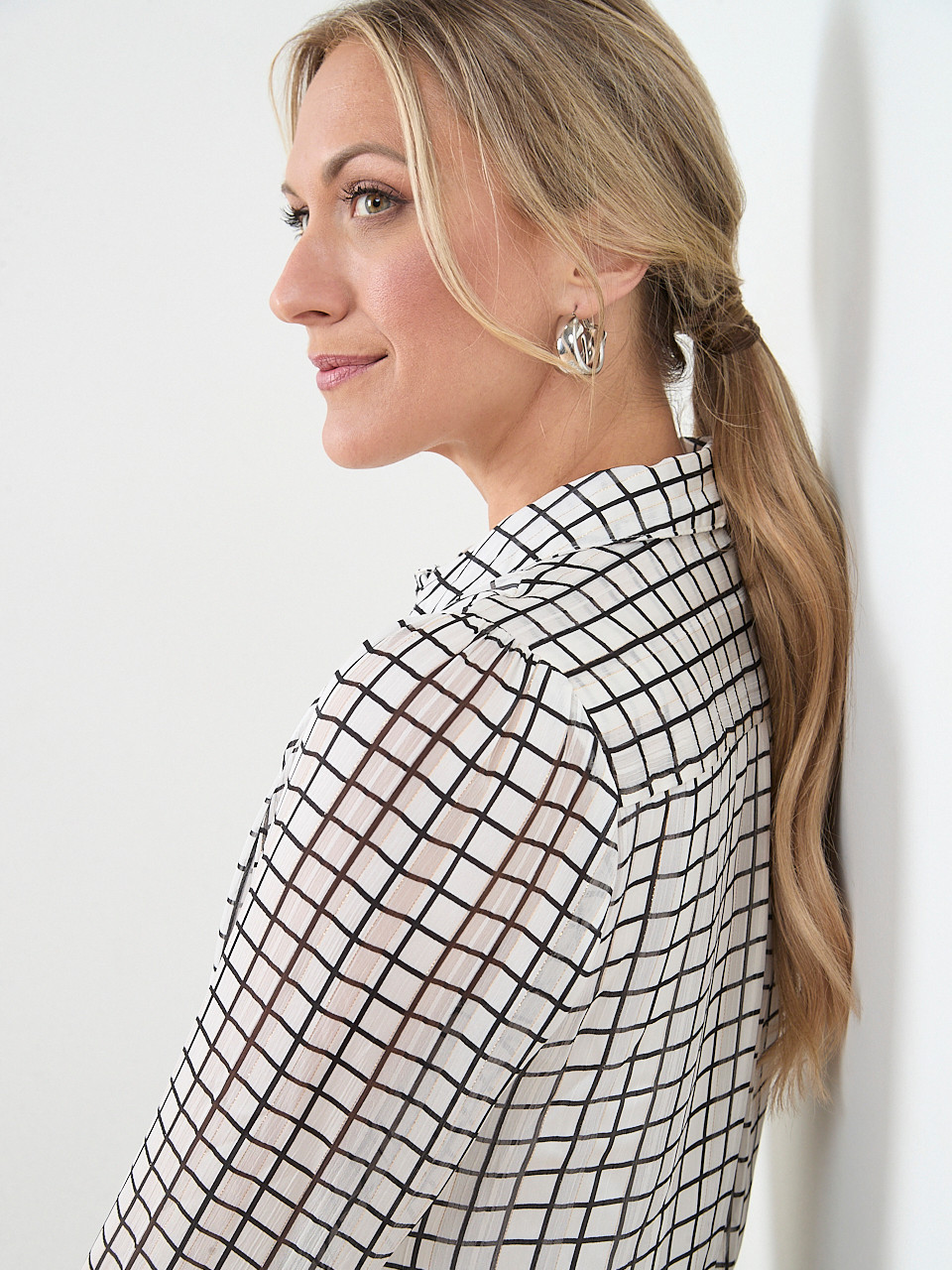 Long Sleeve Button-Front Smocked Cuff Blouse