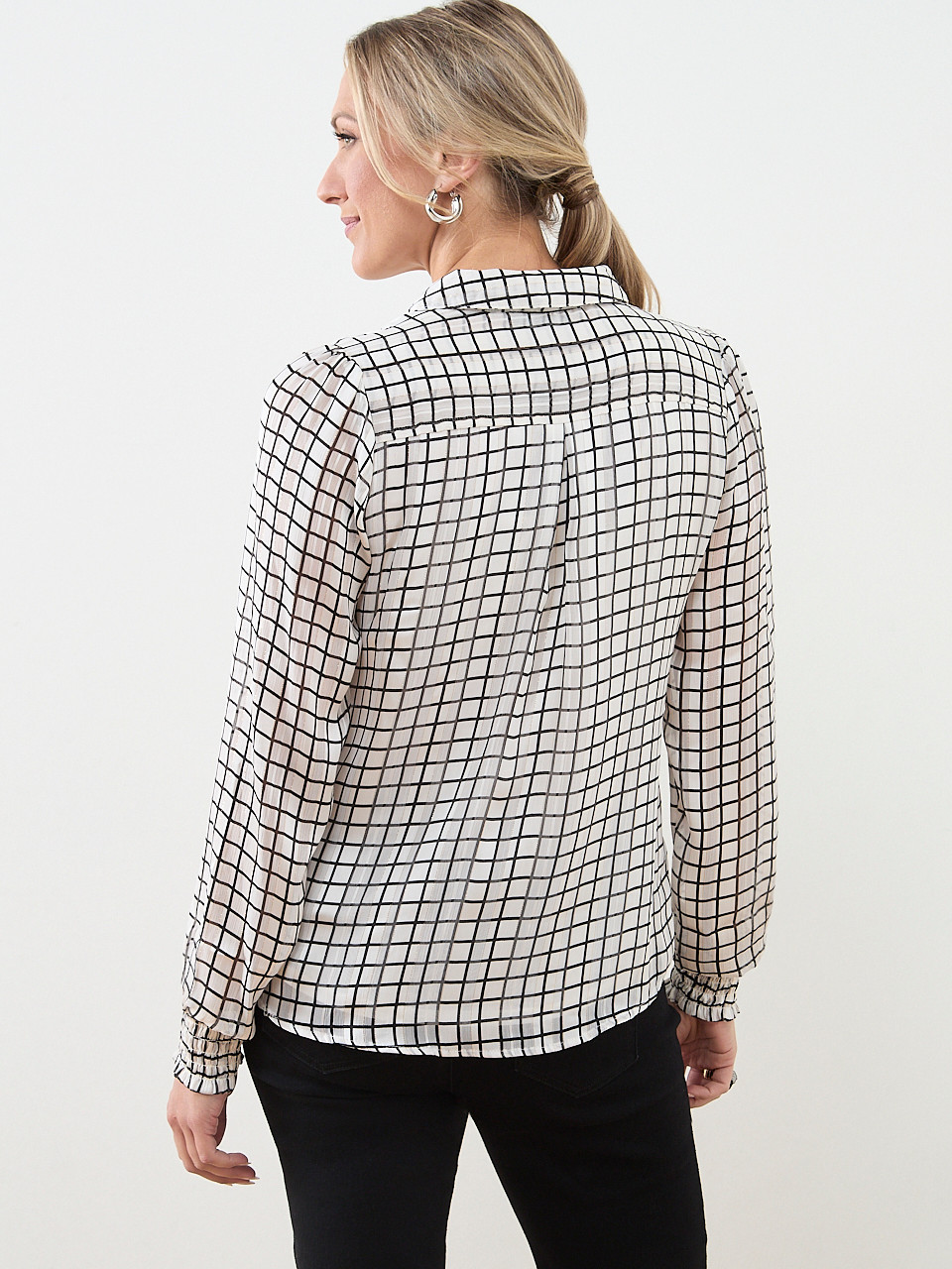 Long Sleeve Button-Front Smocked Cuff Blouse