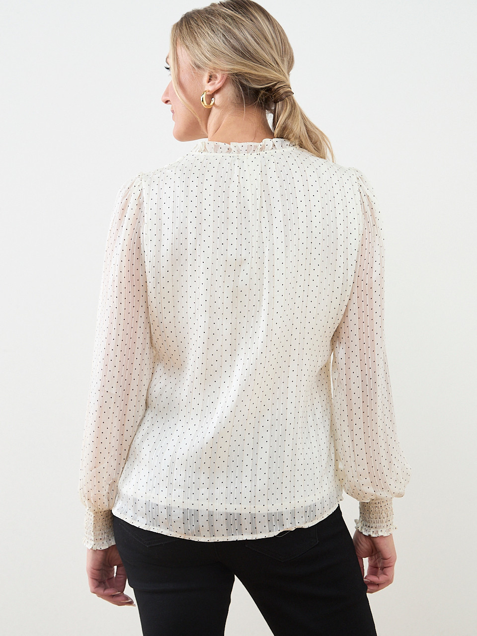 Long Sleeve Smocked-Cuff Button-Down Blouse